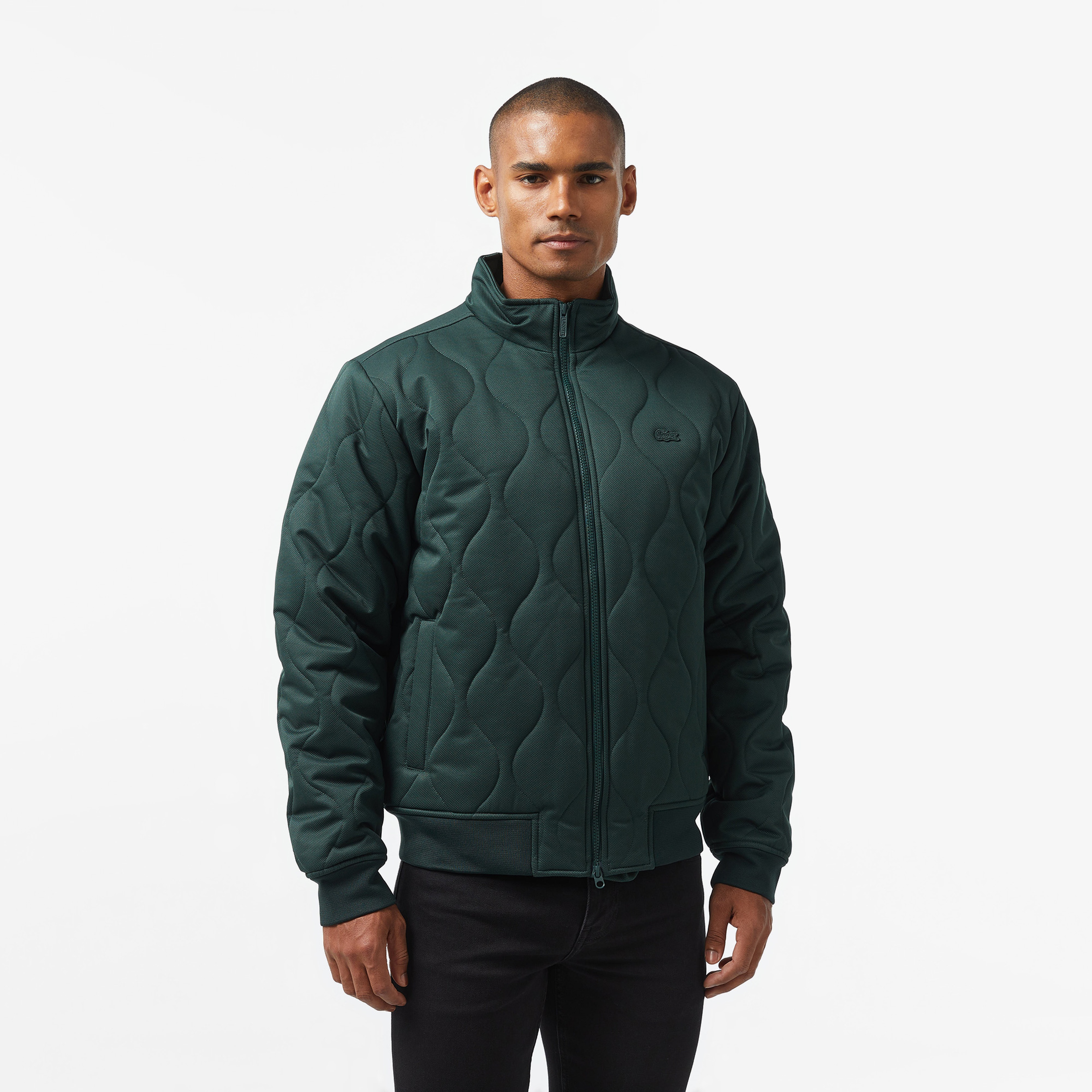 Erkek Relaxed Fit Dik Yaka Kapitone Koyu Yeşil Mont