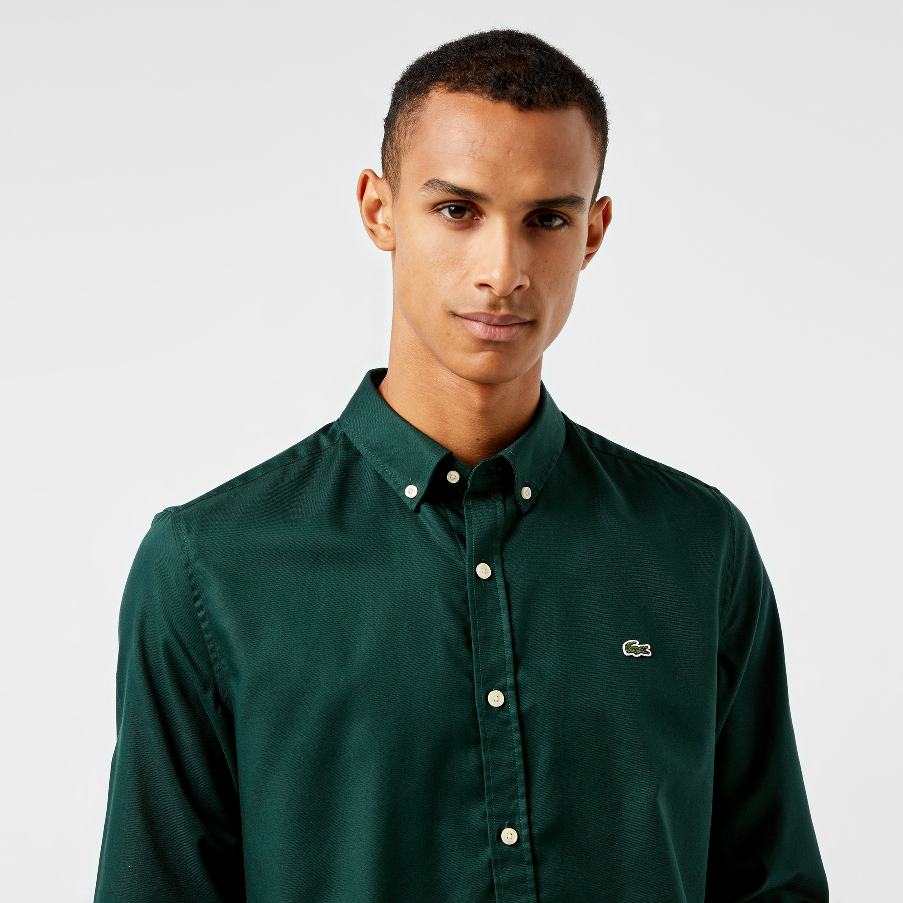 Erkek Slim Fit Düğmeli Yaka Koyu Yeşil Gömlek