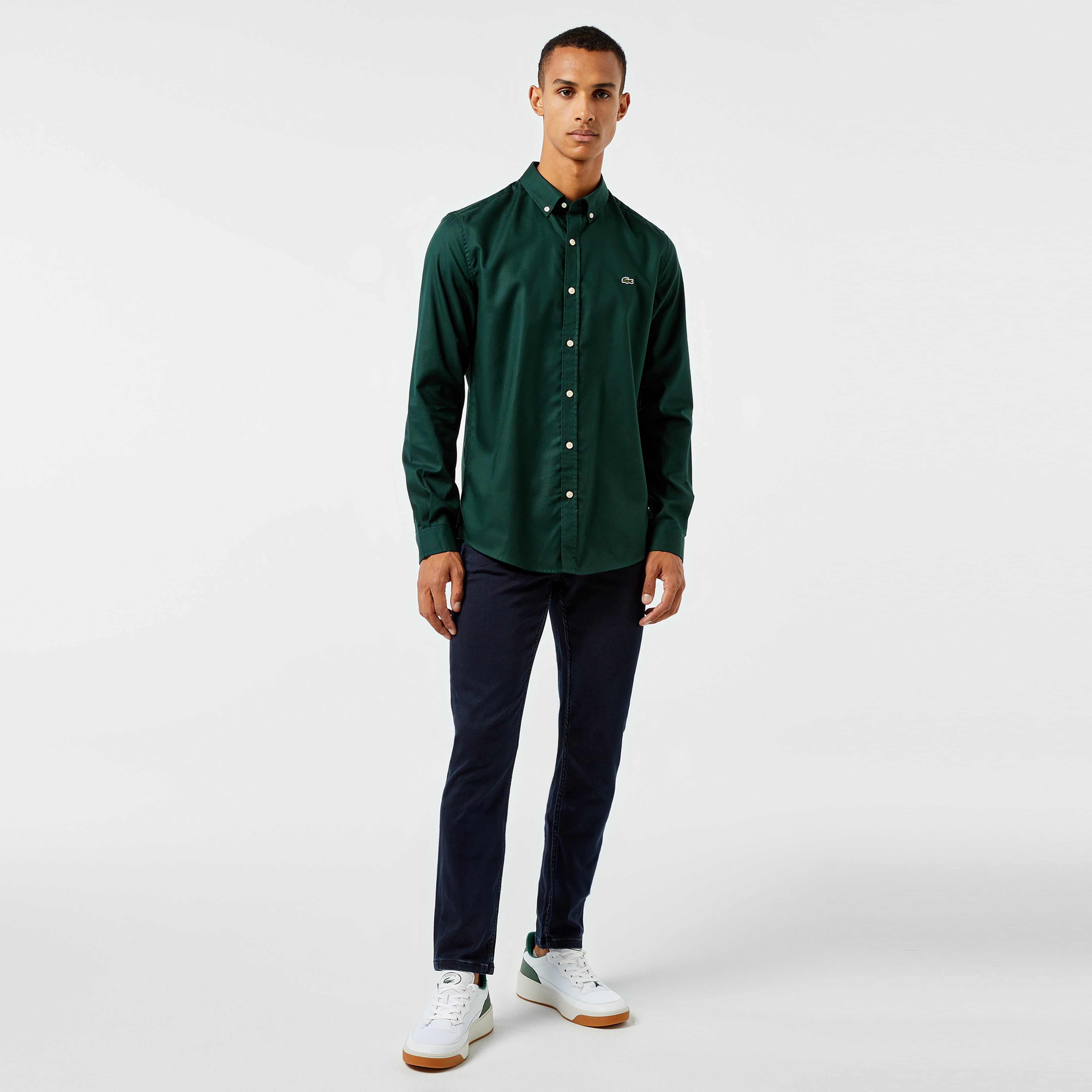 Erkek Slim Fit Düğmeli Yaka Koyu Yeşil Gömlek