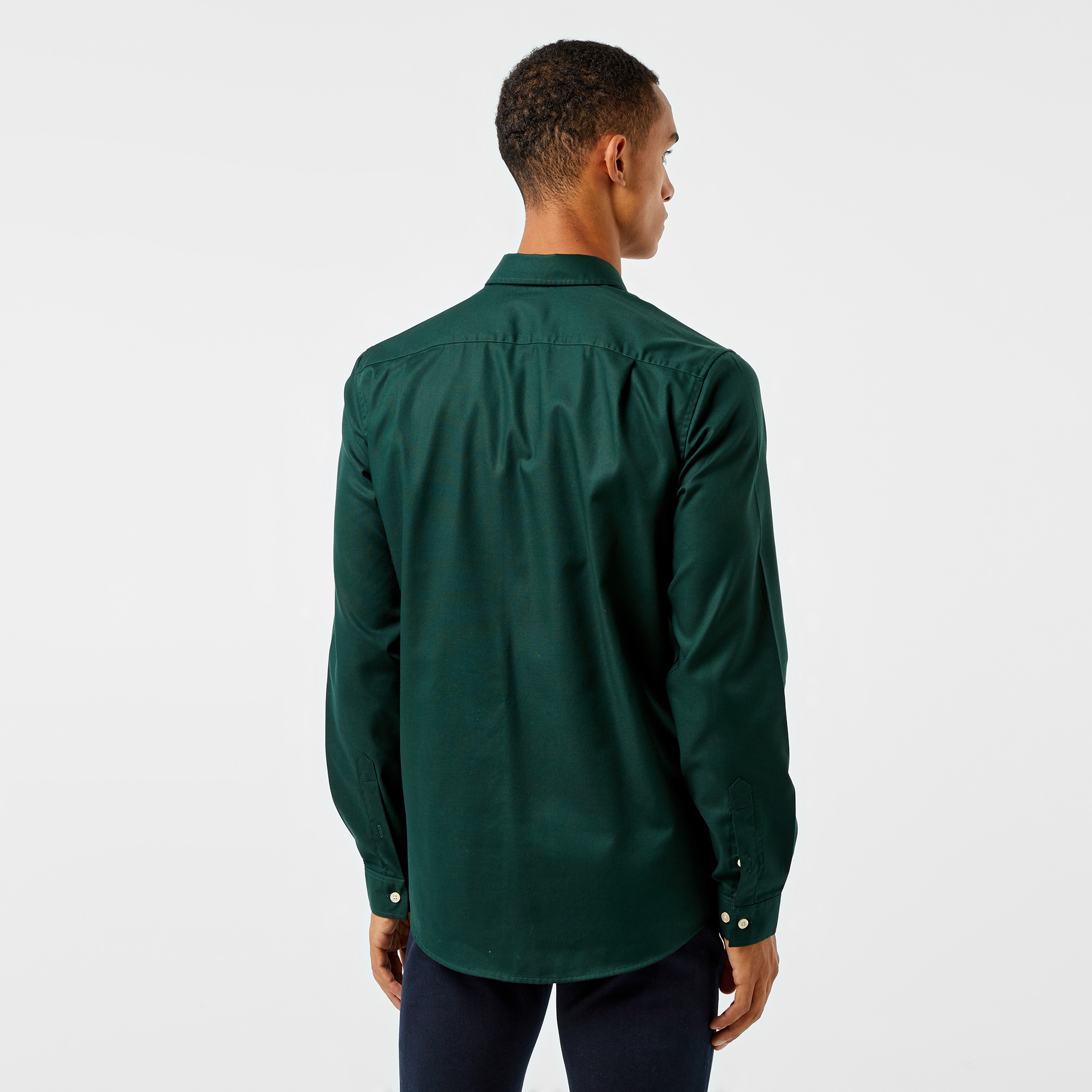 Erkek Slim Fit Düğmeli Yaka Koyu Yeşil Gömlek