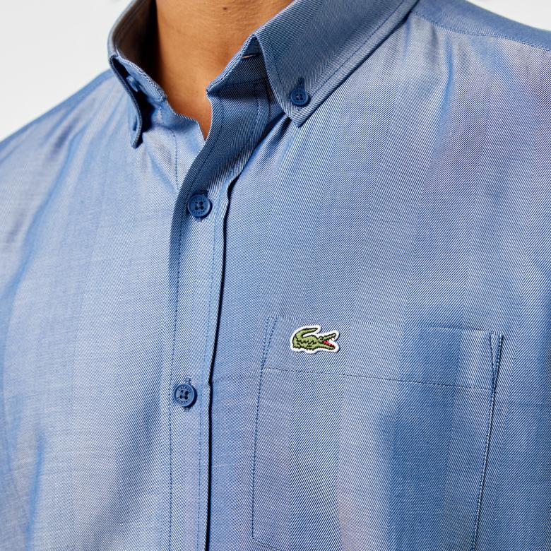 Erkek Slim Fit Düğmeli Yaka Koyu Mavi Gömlek