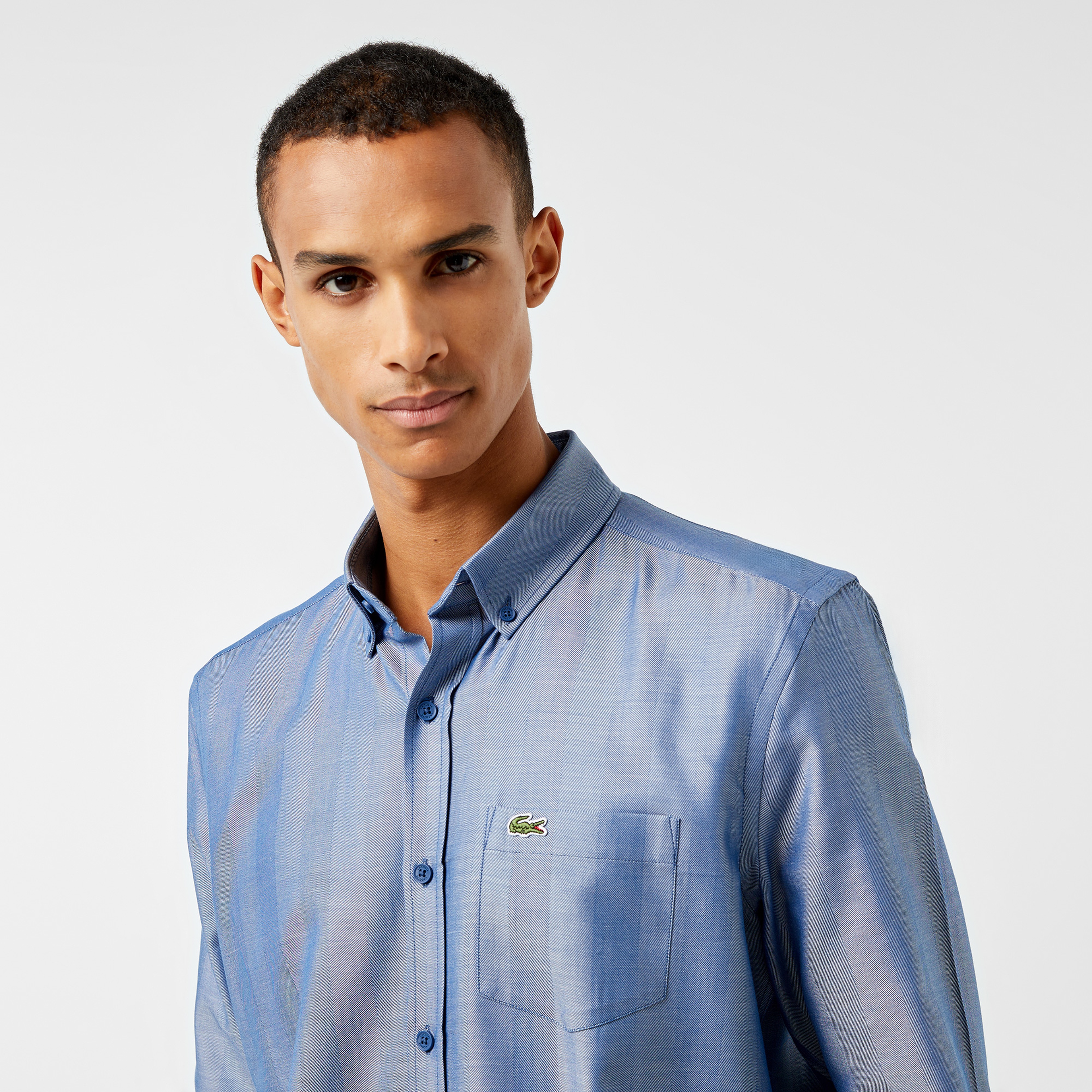 Erkek Slim Fit Düğmeli Yaka Koyu Mavi Gömlek