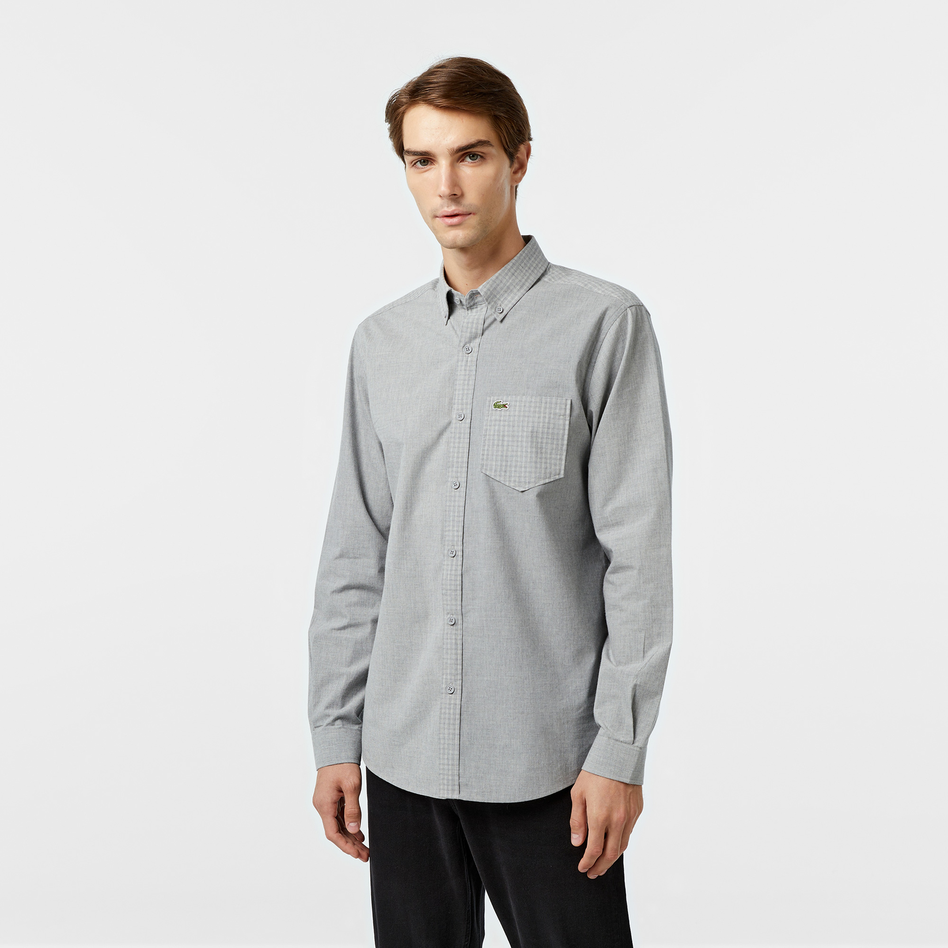Erkek Relaxed Fit Düğmeli Yaka Ekose Gri Gömlek