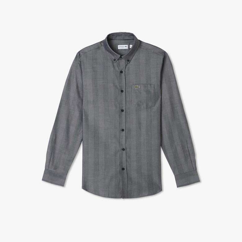 Erkek Slim Fit Düğmeli Yaka Gri Gömlek