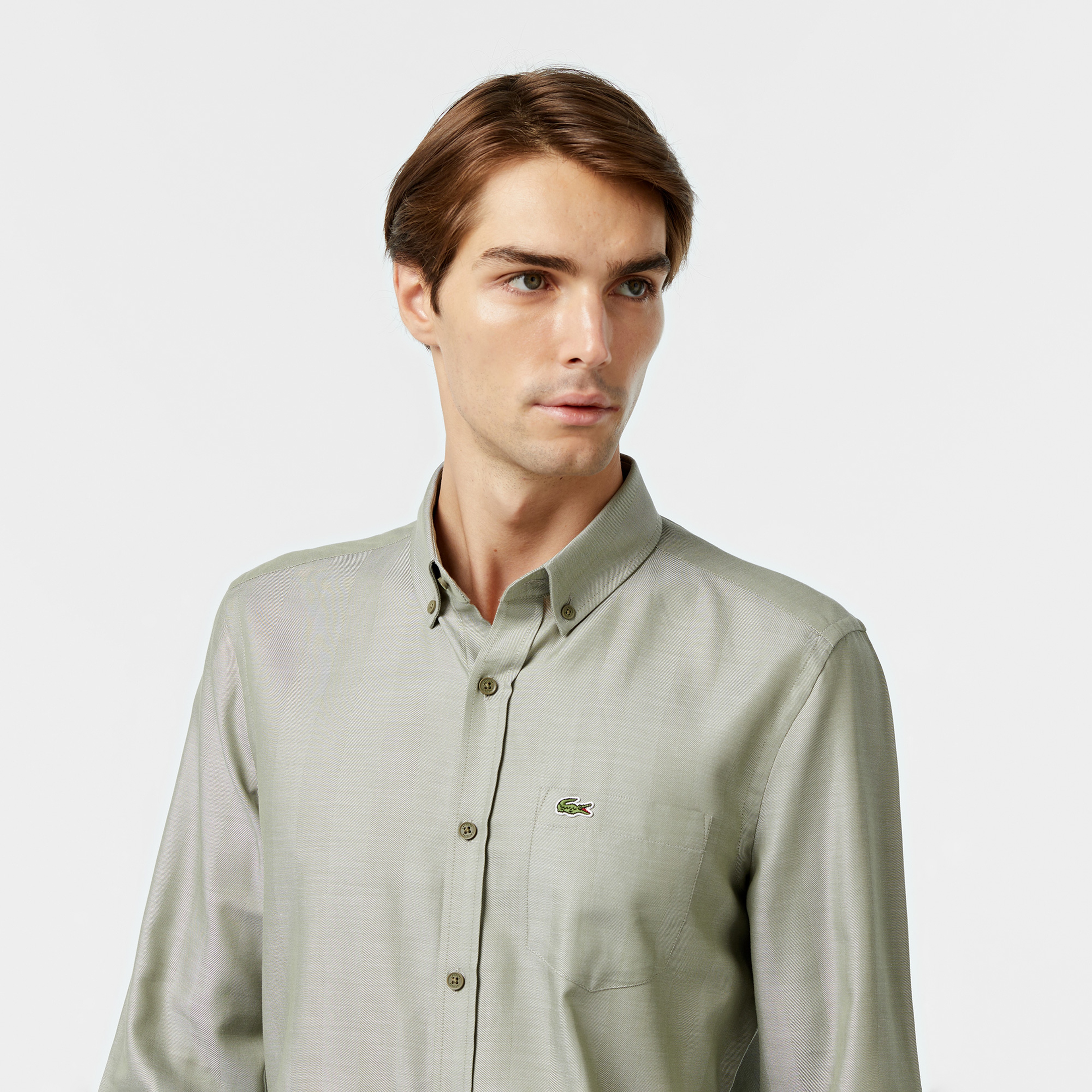 Erkek Slim Fit Düğmeli Yaka Haki Gömlek