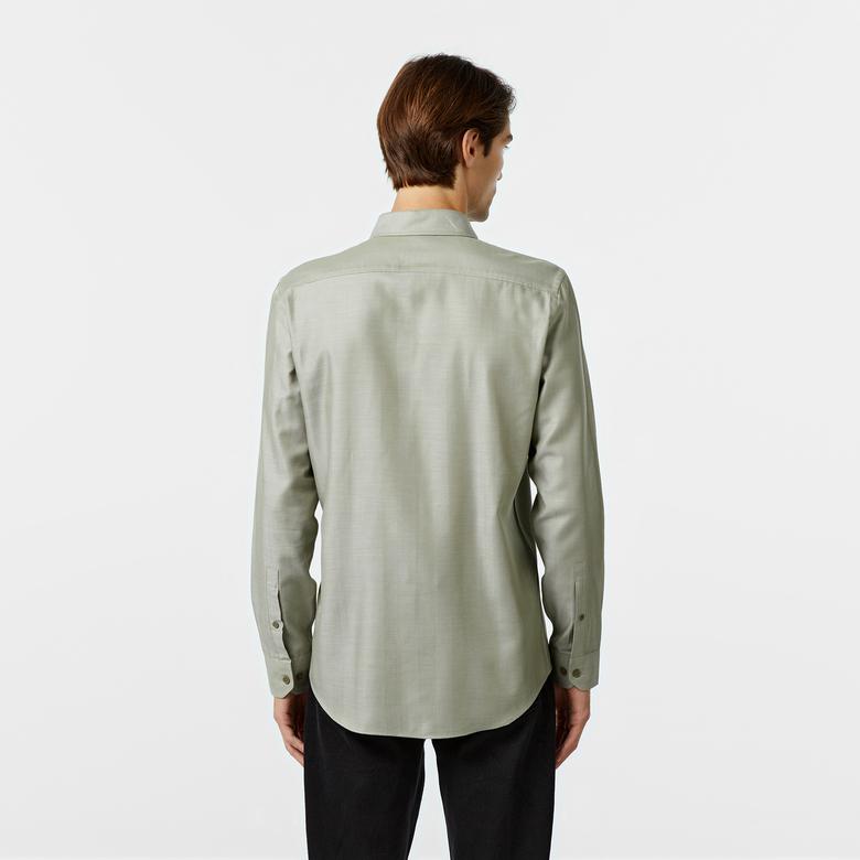 Erkek Slim Fit Düğmeli Yaka Haki Gömlek