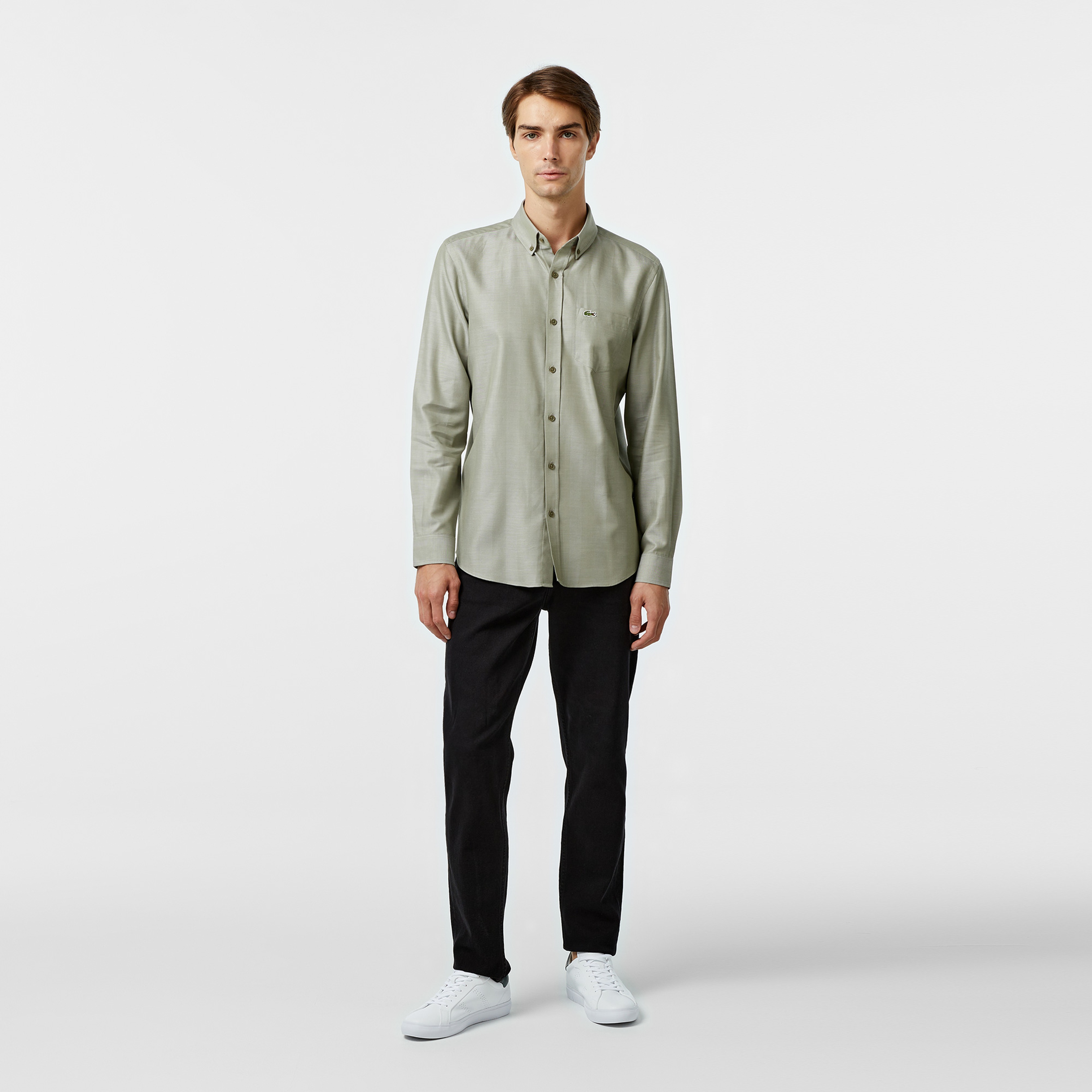 Erkek Slim Fit Düğmeli Yaka Haki Gömlek