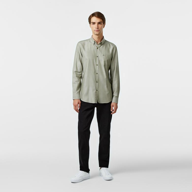 Erkek Slim Fit Düğmeli Yaka Haki Gömlek