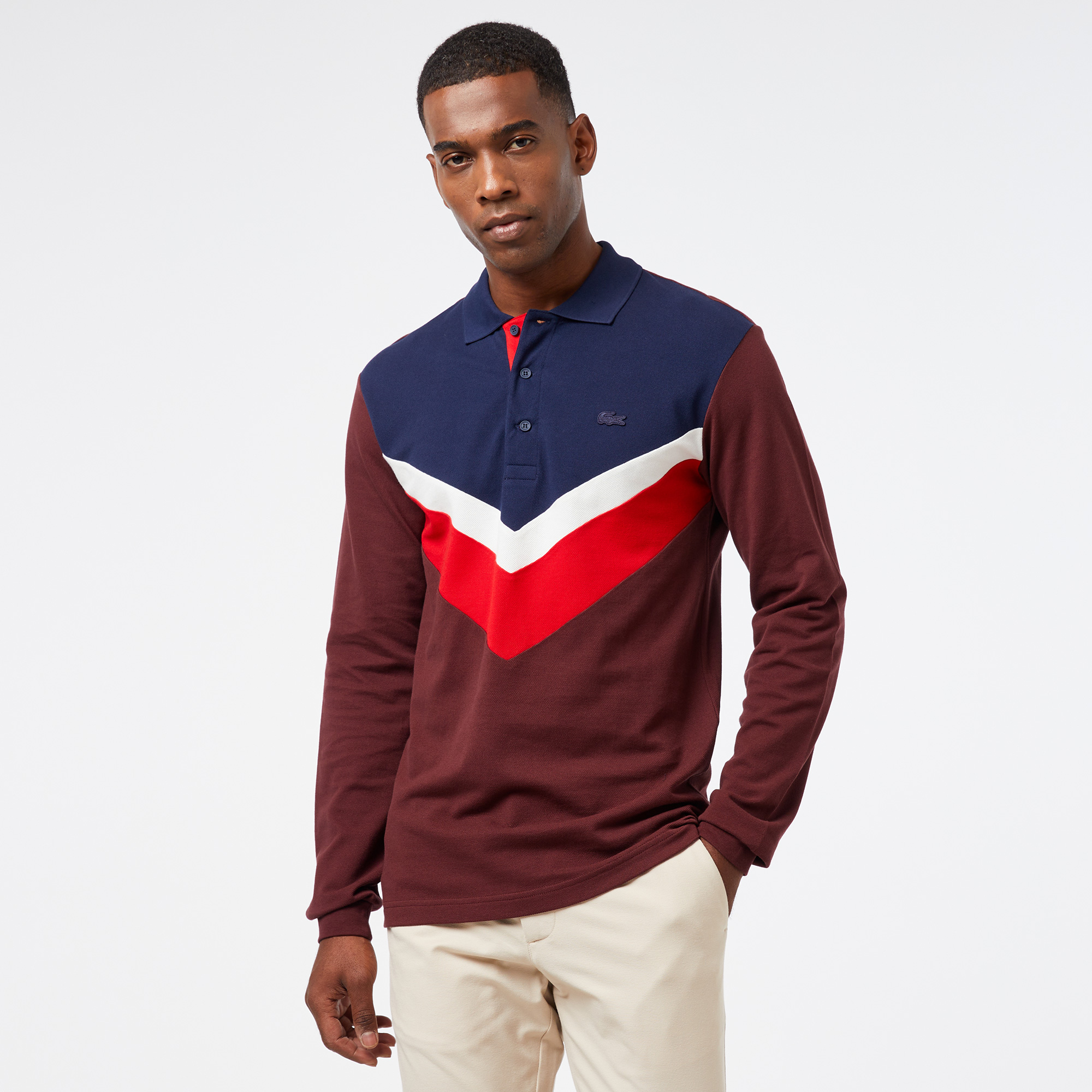 Erkek Classic Fit Uzun Kollu Renk Bloklu Bordo Polo6 - LPH2504
