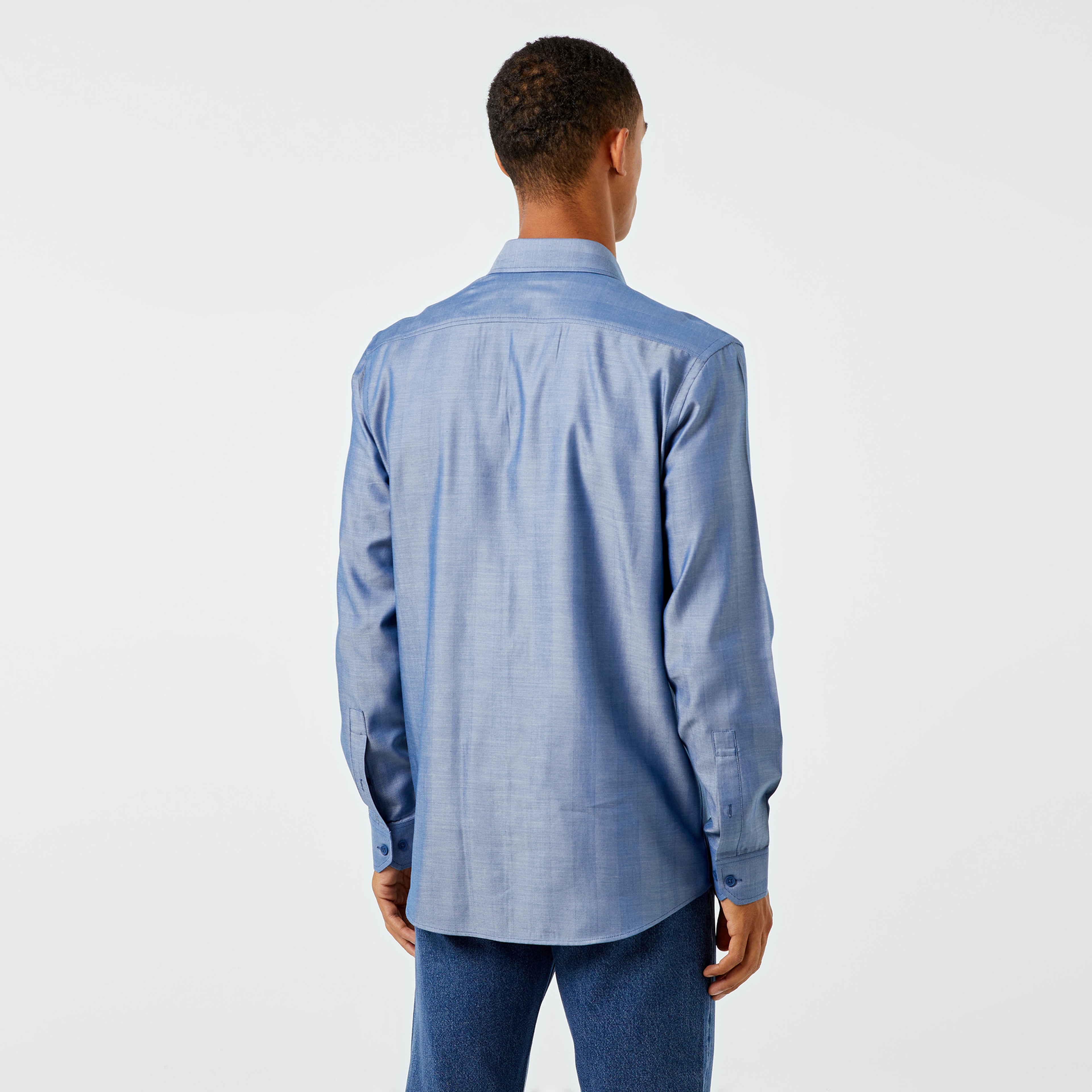 Erkek Slim Fit Düğmeli Yaka Koyu Mavi Gömlek