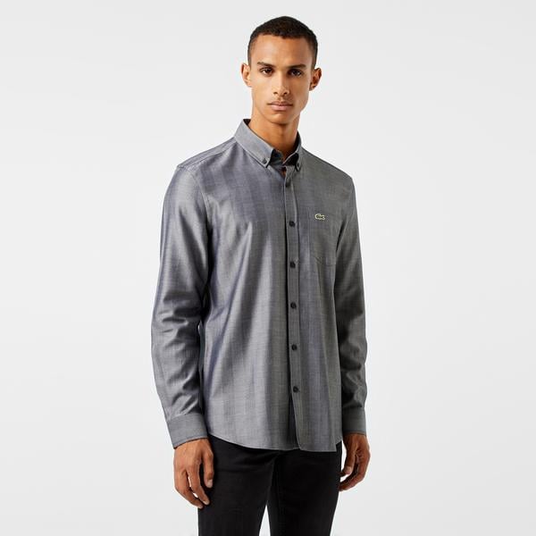 Erkek Slim Fit Düğmeli Yaka Gri Gömlek