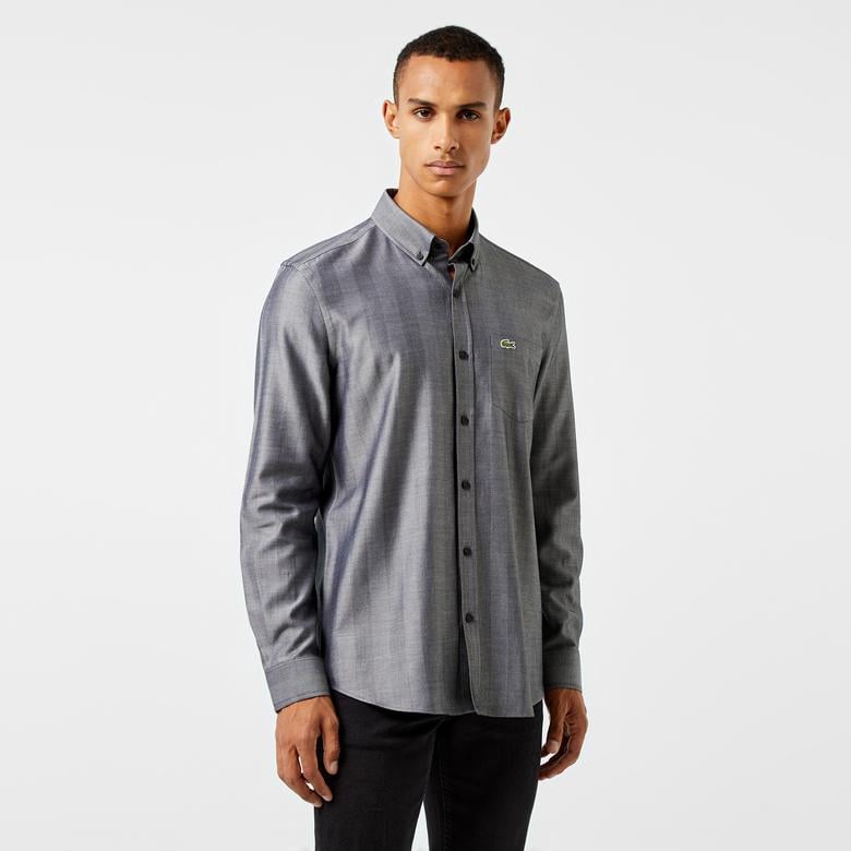 Erkek Slim Fit Düğmeli Yaka Gri Gömlek