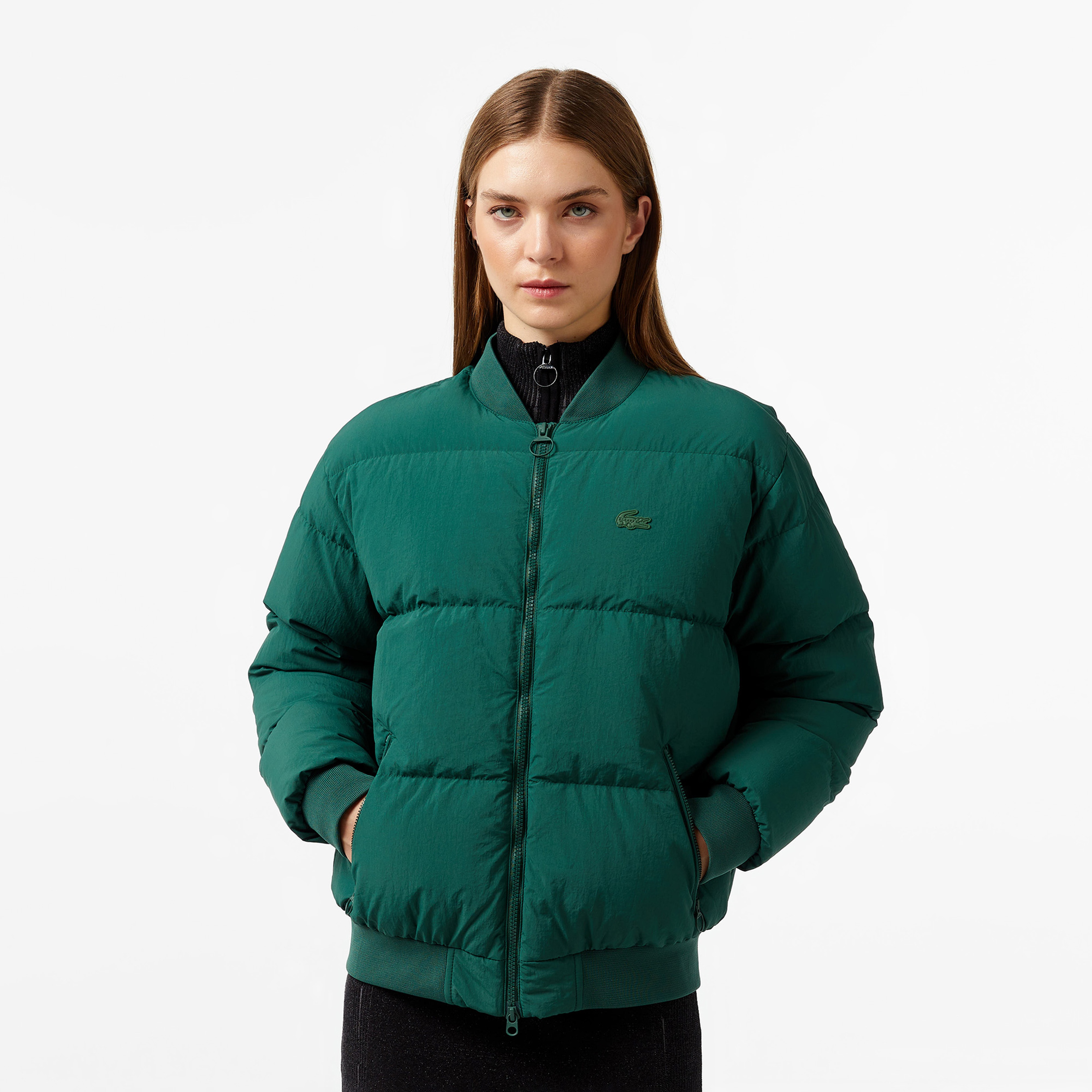 Kadın Relaxed Fit Dik Yaka Koyu Yeşil Mont