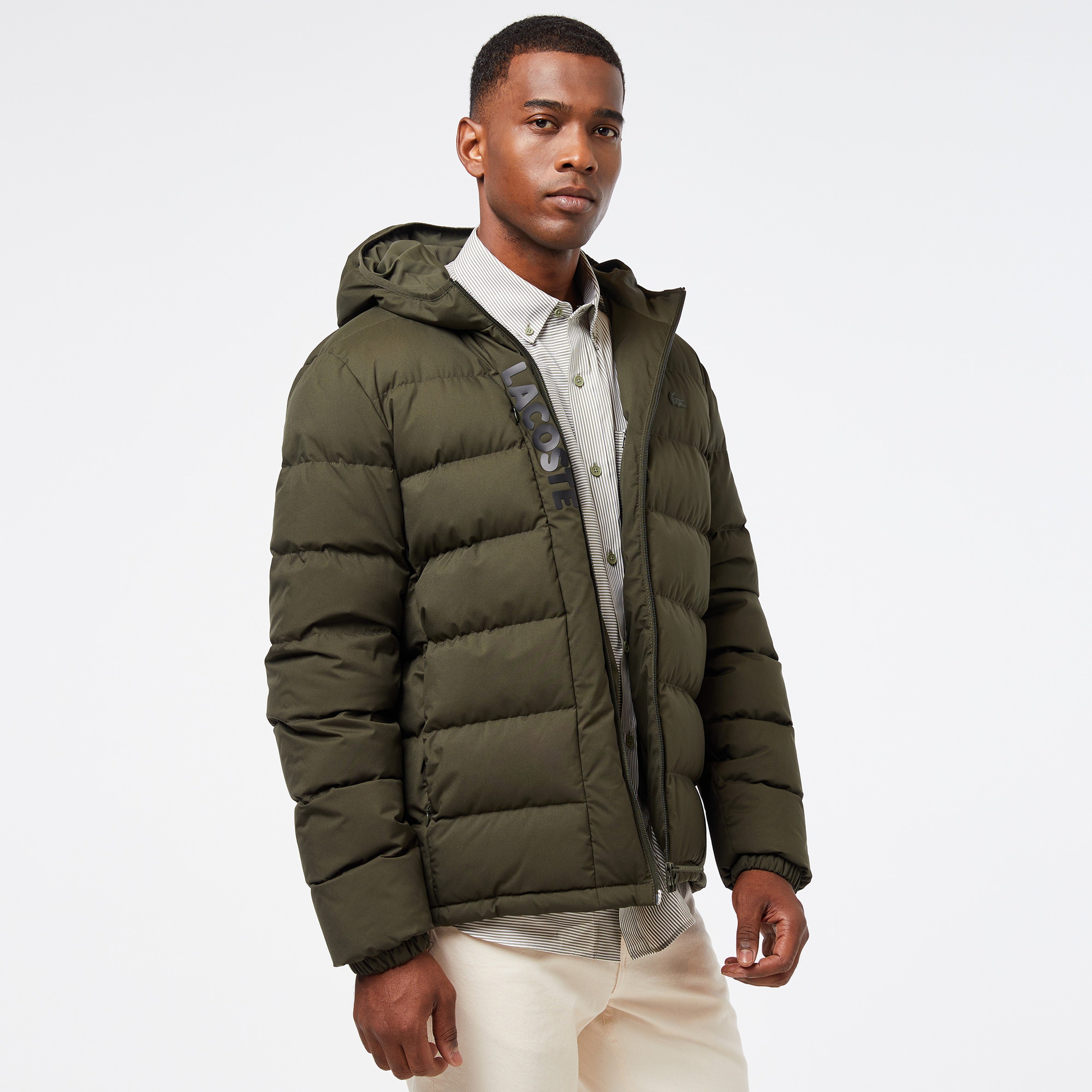 Erkek Regular Fit Kapüşonlu Koyu Yeşil Şişme Mont