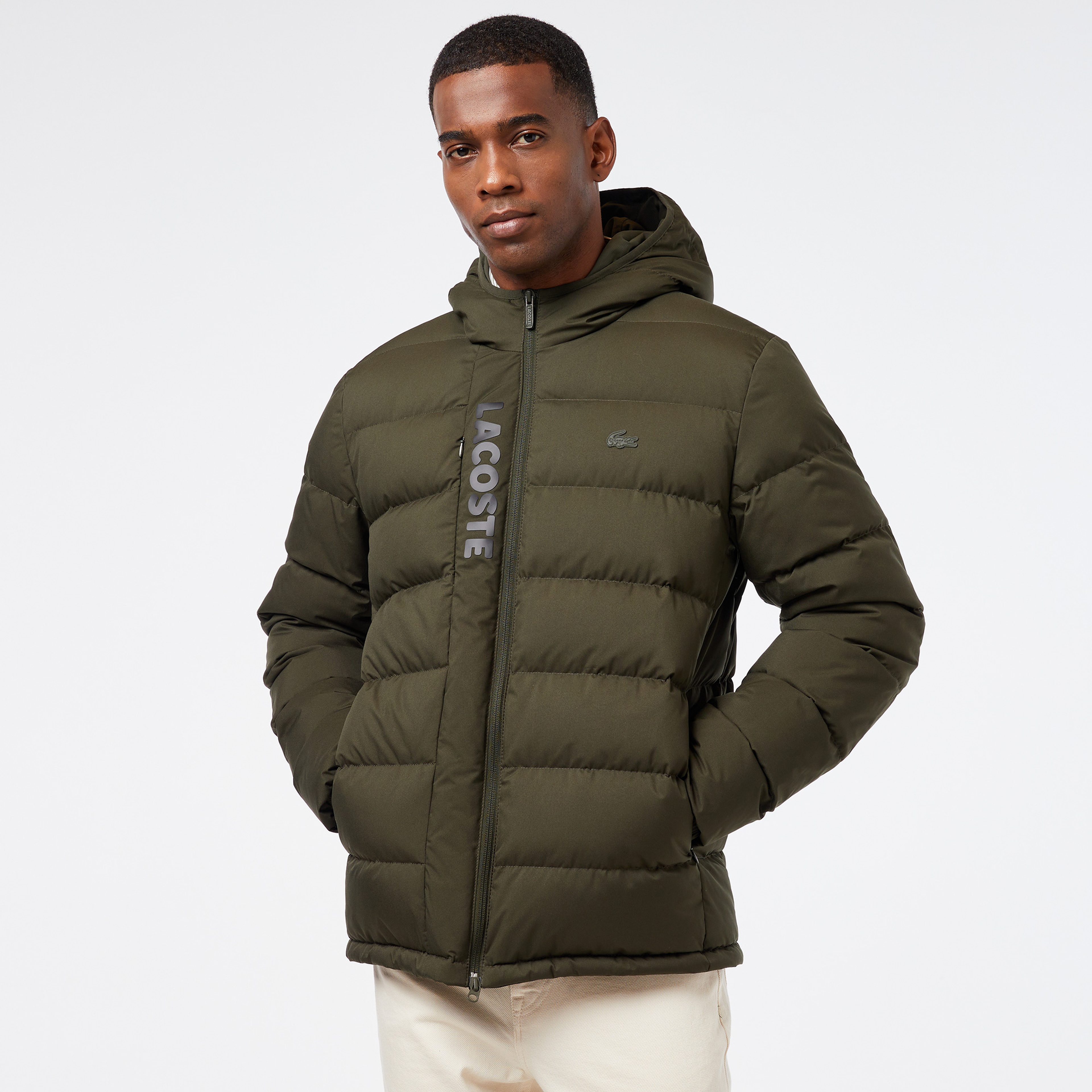 Erkek Regular Fit Kapüşonlu Koyu Yeşil Şişme Mont