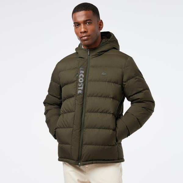 Erkek Regular Fit Kapüşonlu Koyu Yeşil Şişme Mont