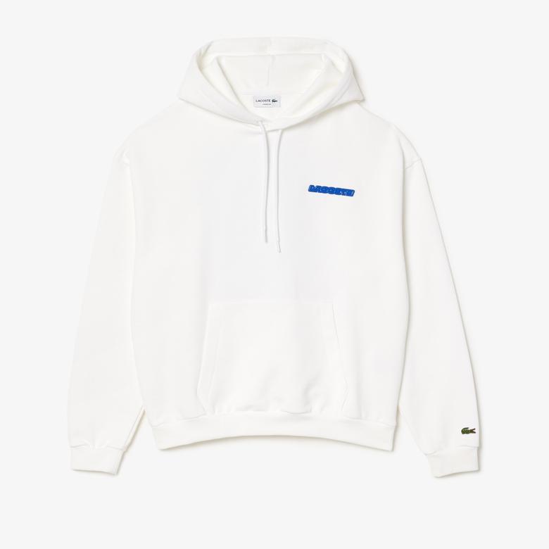Erkek Loose Fit Kapüşonlu Baskılı Beyaz Sweatshirt