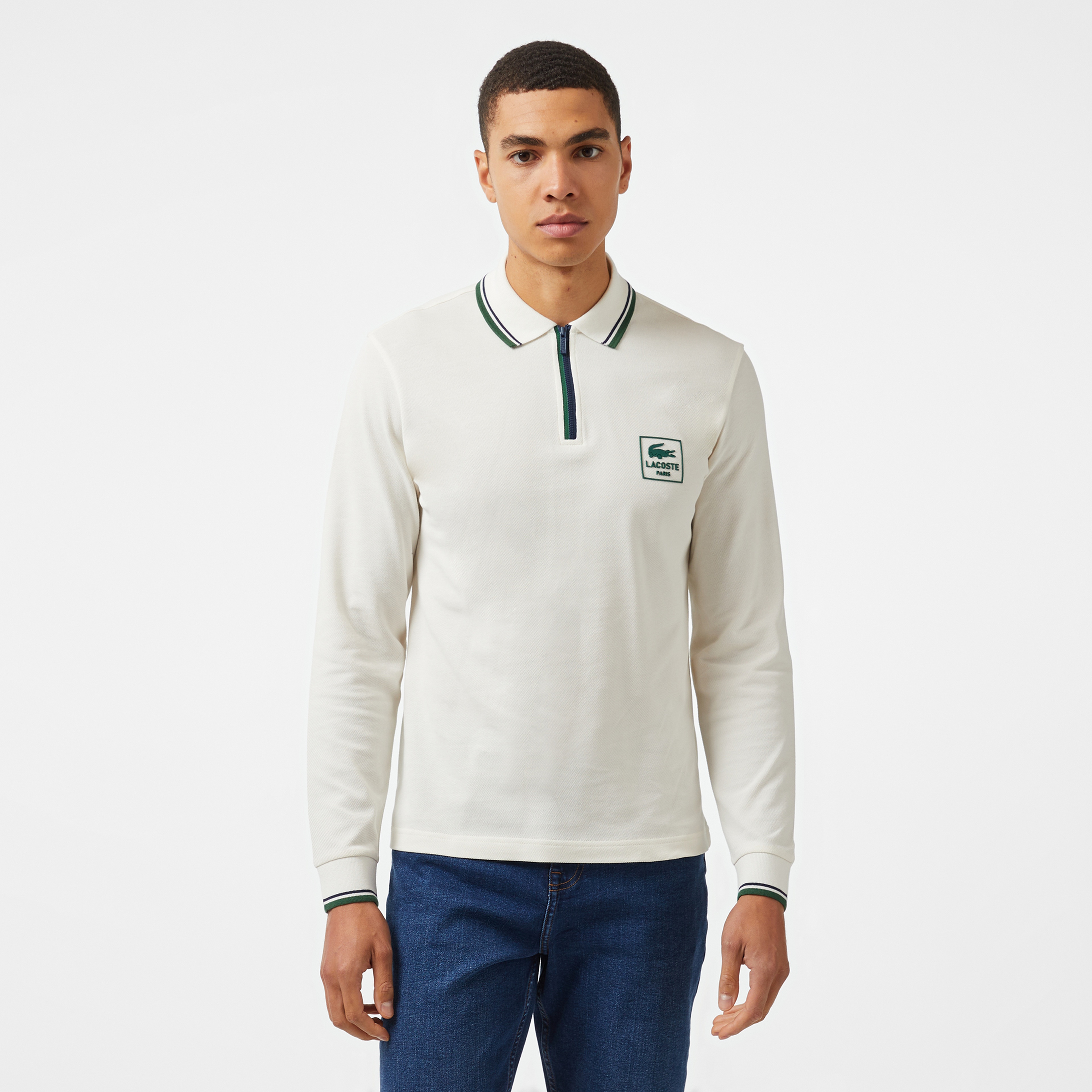 Erkek Regular Fit Uzun Kollu Yarım Fermuarlı Beyaz Polo