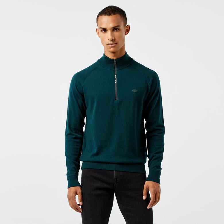 Erkek Regular Fit Yarım Fermuarlı Koyu Yeşil Triko