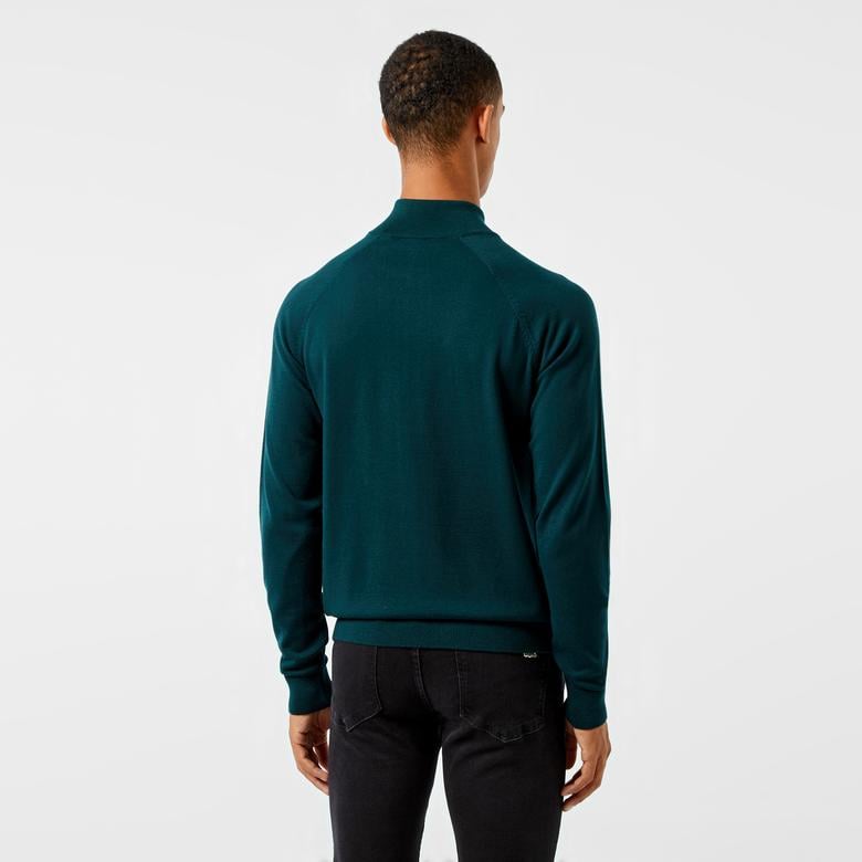 Erkek Regular Fit Yarım Fermuarlı Koyu Yeşil Triko