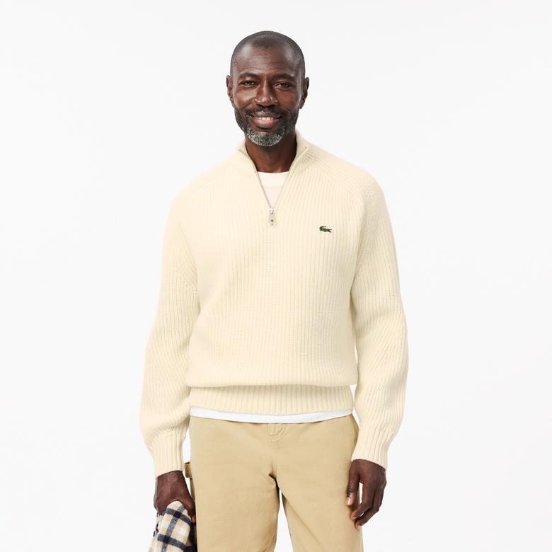 Erkek Classic Fit Yarım Fermuarlı Krem Kazak