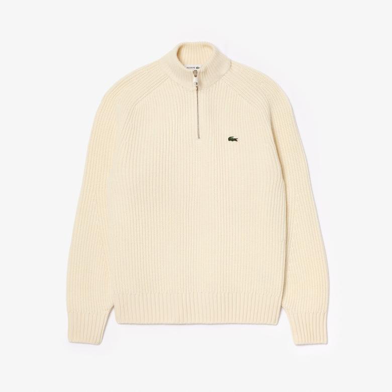 Erkek Classic Fit Yarım Fermuarlı Krem Kazak