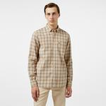 Erkek Regular Fit Düğmeli Yaka Ekose Kahverengi Gömlek