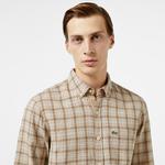 Erkek Regular Fit Düğmeli Yaka Ekose Kahverengi Gömlek