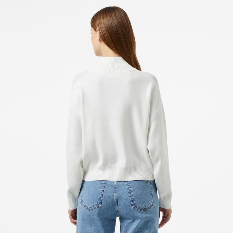 Kadın Relaxed Fit Yarım Fermuarlı Beyaz Triko