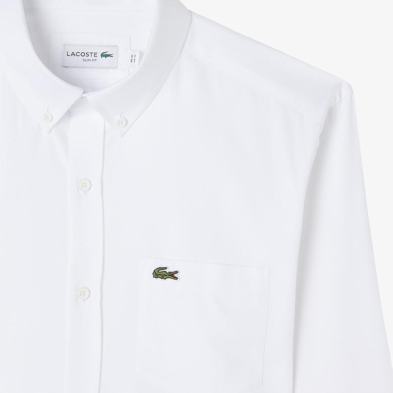 Erkek Slim Fit Düğmeli Yaka Beyaz Gömlek