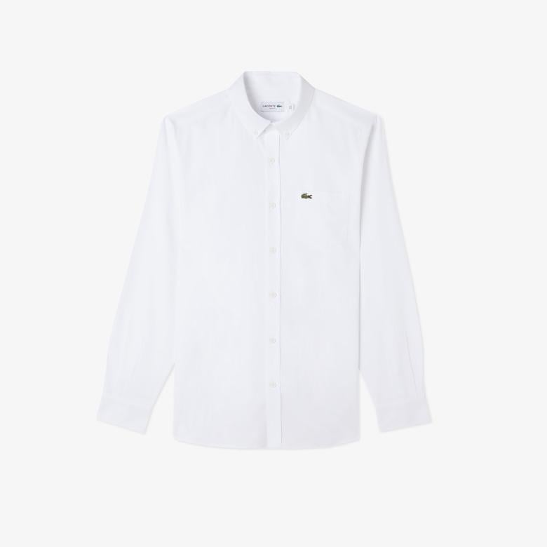 Erkek Slim Fit Düğmeli Yaka Beyaz Gömlek