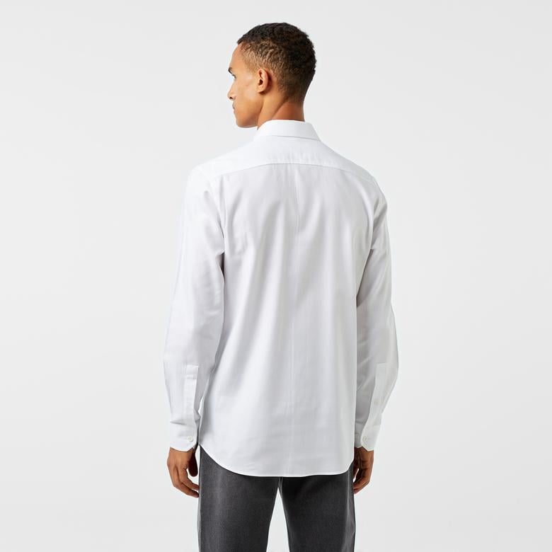 Erkek Slim Fit Düğmeli Yaka Beyaz Gömlek
