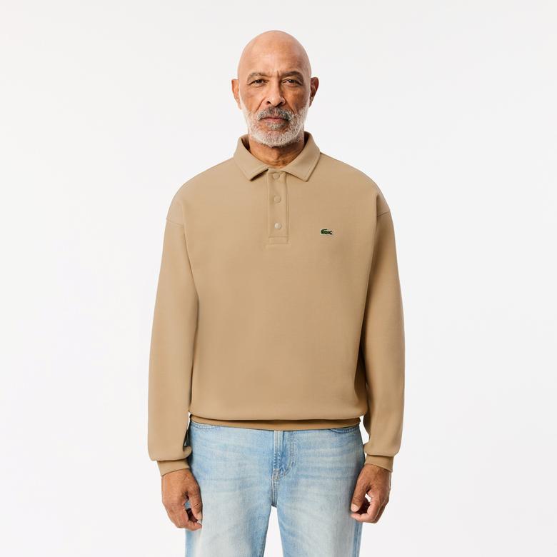 Erkek Loose Fit Polo Yaka Kahverengi Sweatshirt