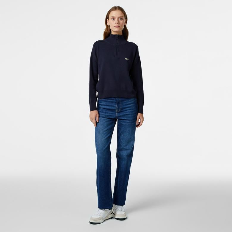 Kadın Relaxed Fit Yarım Fermuarlı Lacivert Triko