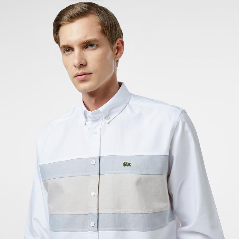 Erkek Regular Fit Düğmeli Yaka Çizgili Beyaz Gömlek