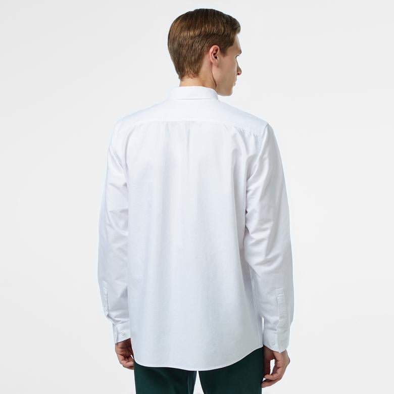 Erkek Regular Fit Düğmeli Yaka Çizgili Beyaz Gömlek