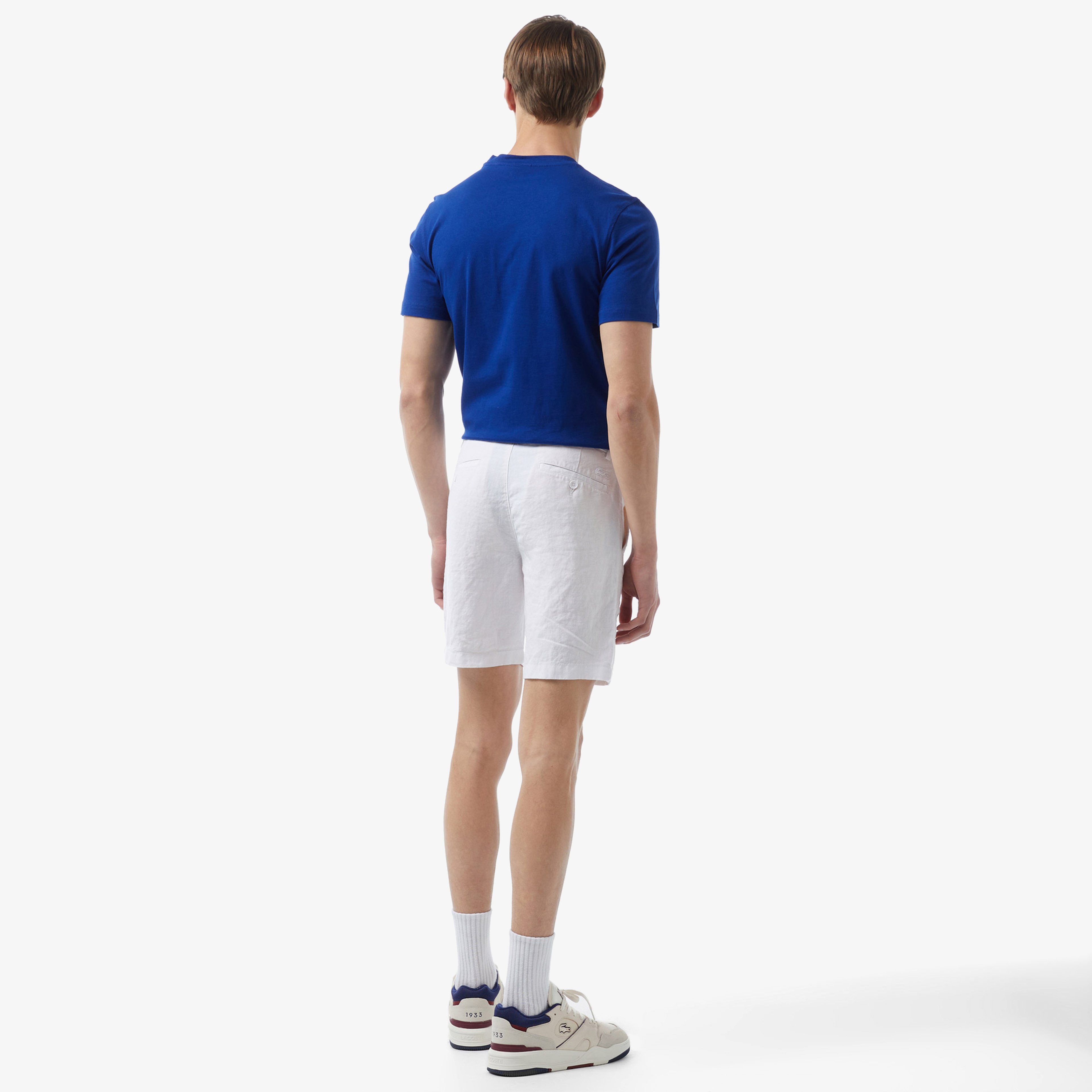 Erkek Slim Fit Keten Beyaz Bermuda