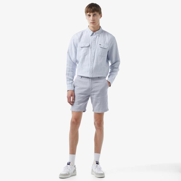 Lacoste Erkek Slim Fit Keten Mavi Bermuda