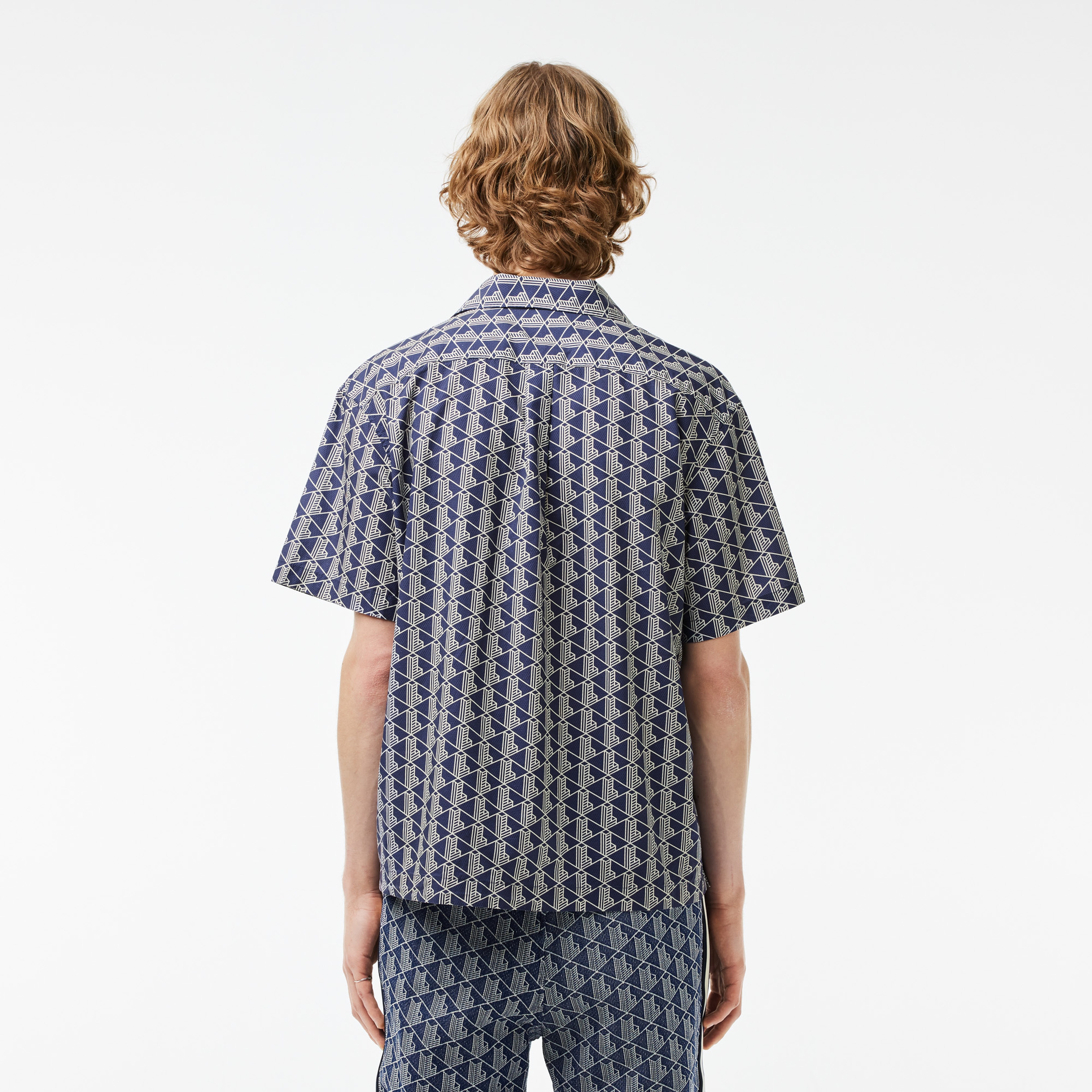 Erkek Relaxed Fit Kısa Kollu Monogram Lacivert Gömlek