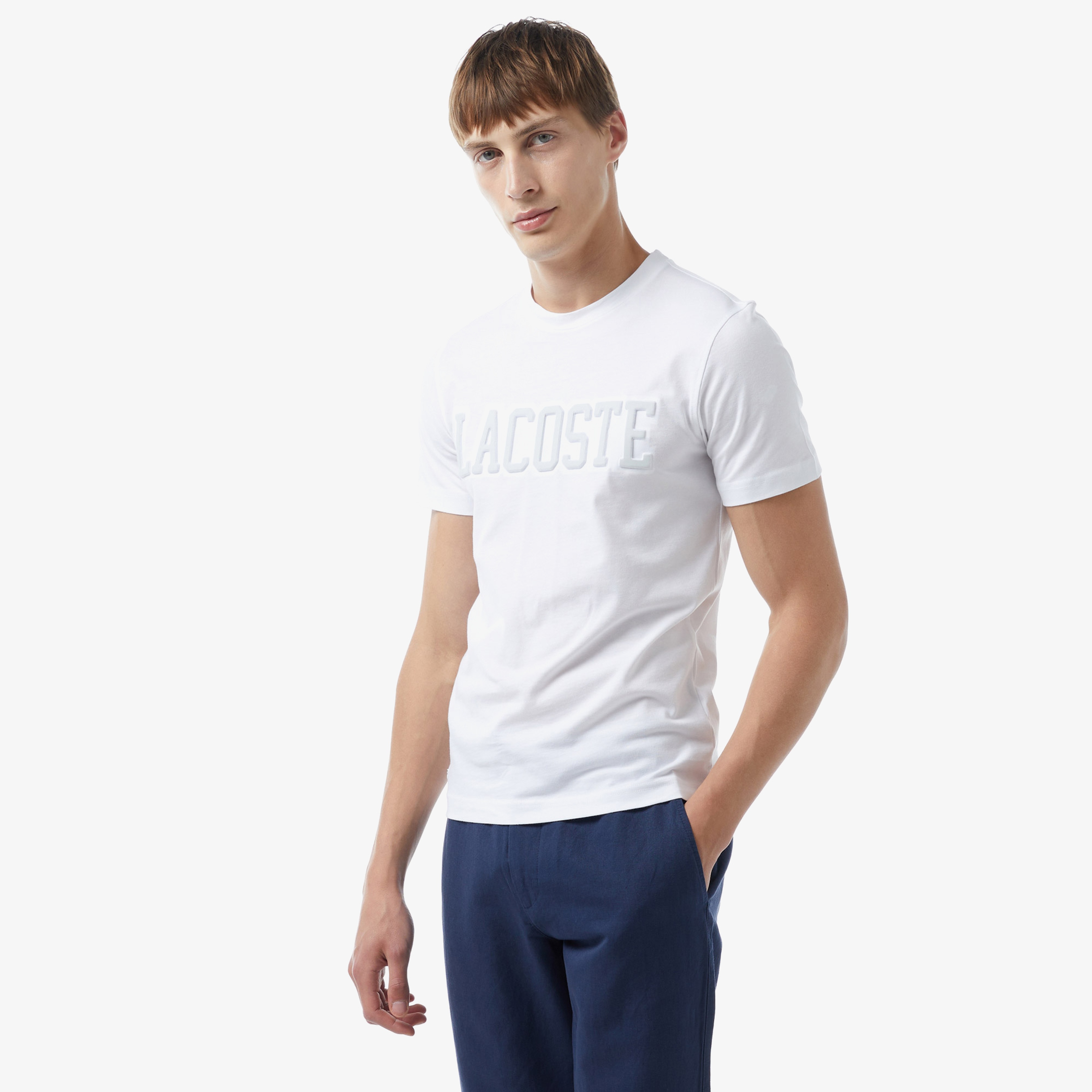 Erkek Slim Fit Bisiklet Yaka Baskılı Beyaz T-Shirt