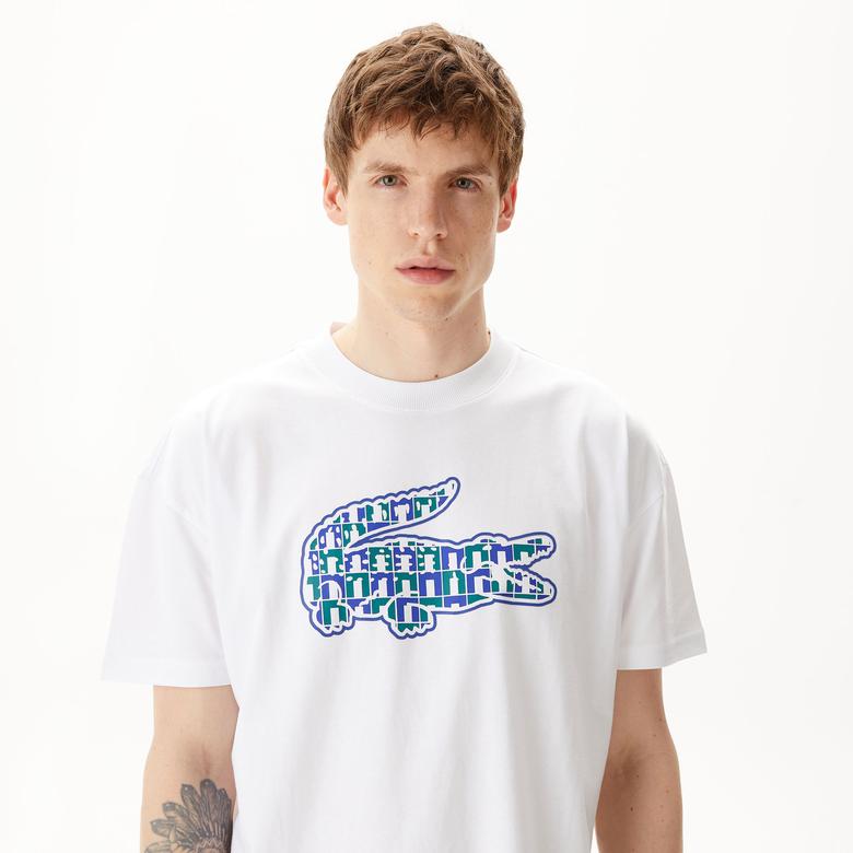 Erkek Relaxed Fit Bisiklet Yaka Baskılı Beyaz T-Shirt