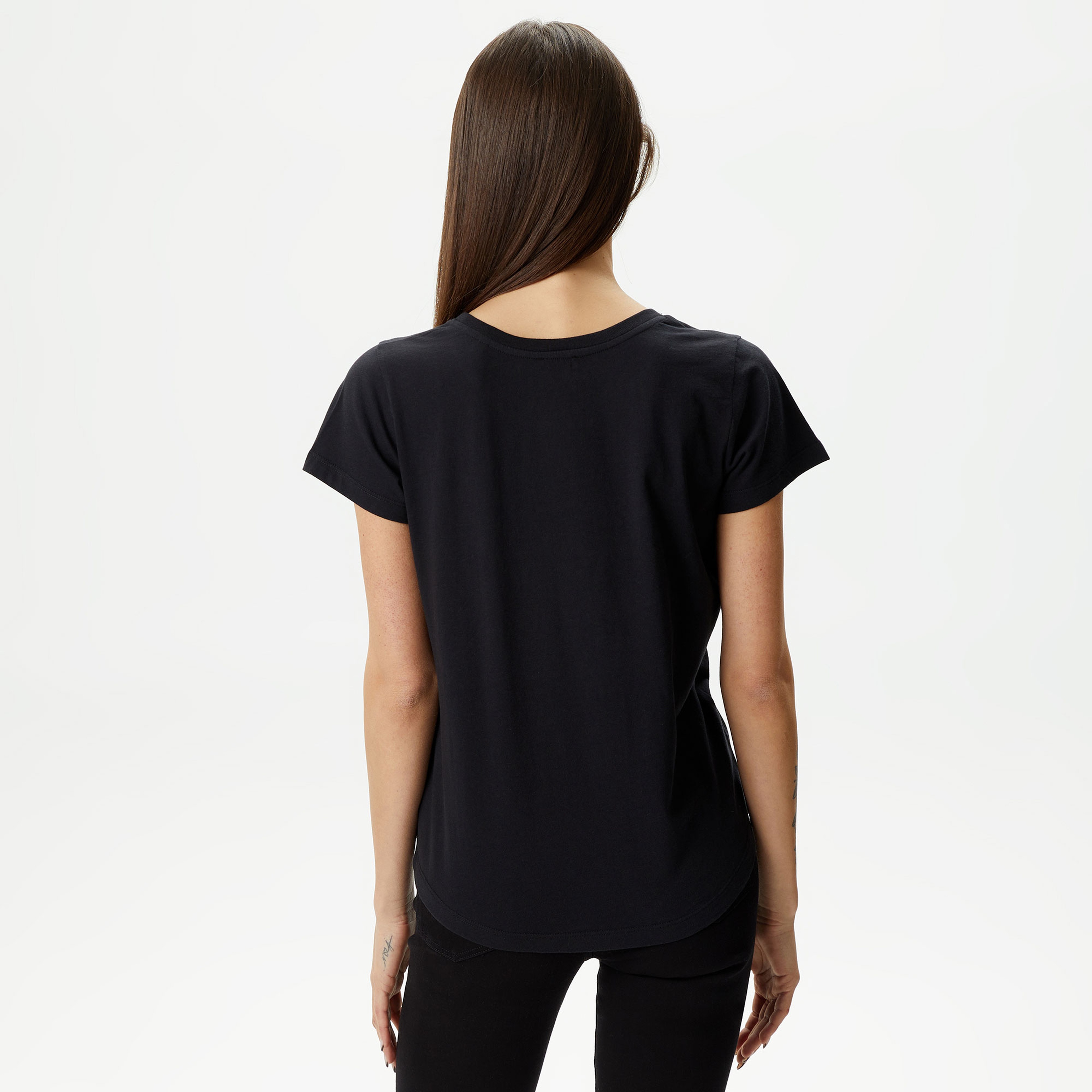 KADIN BASKILI BİSİKLET YAKA SİYAH T-SHIRT