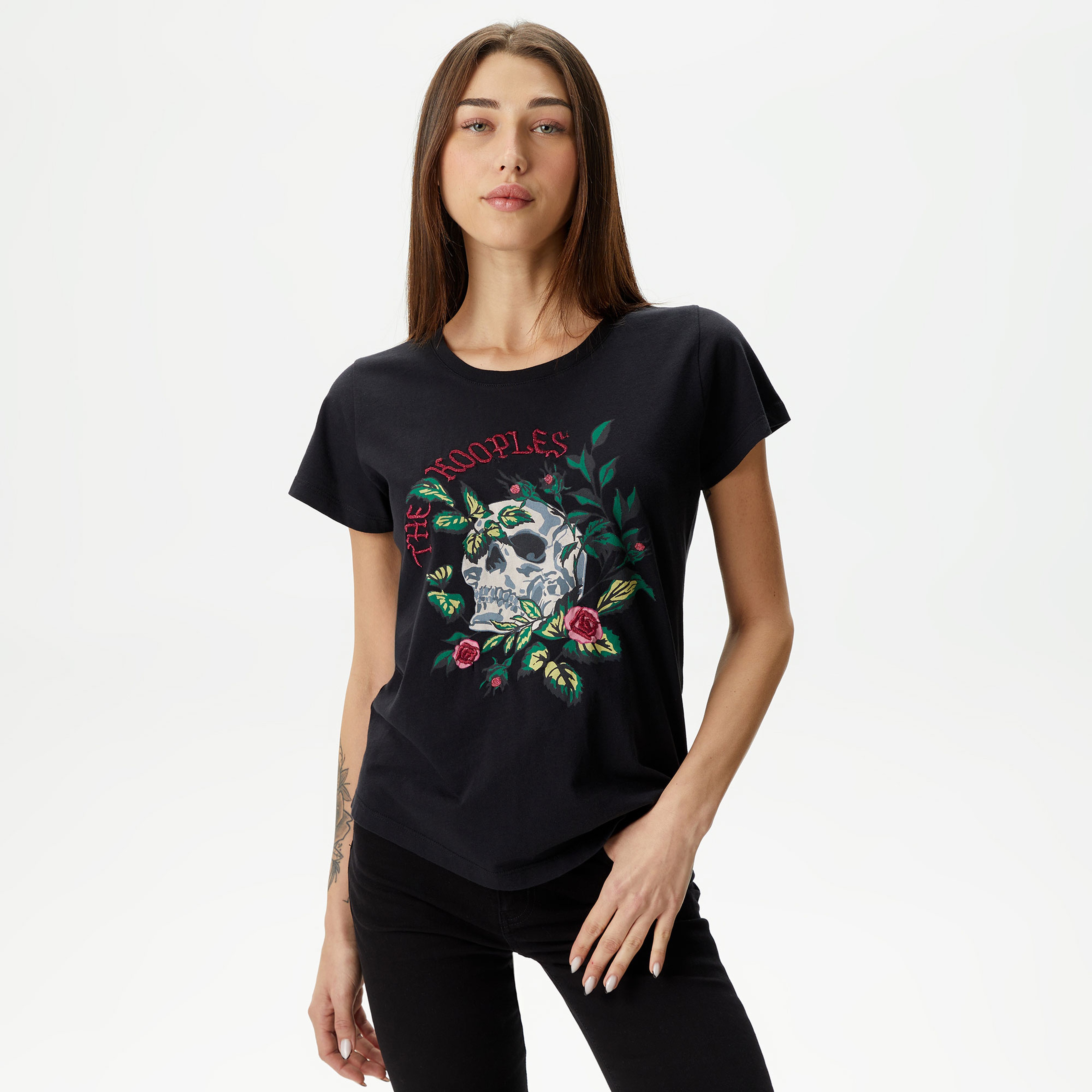 KADIN BASKILI BİSİKLET YAKA SİYAH T-SHIRT