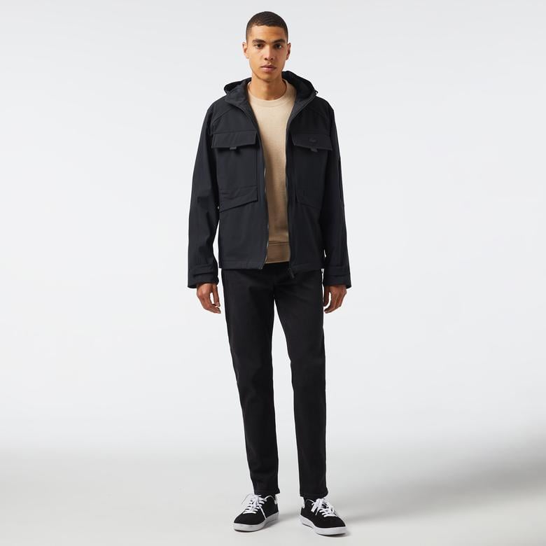 Erkek Relaxed Fit Kapüşonlu Baskılı Siyah Yağmurluk