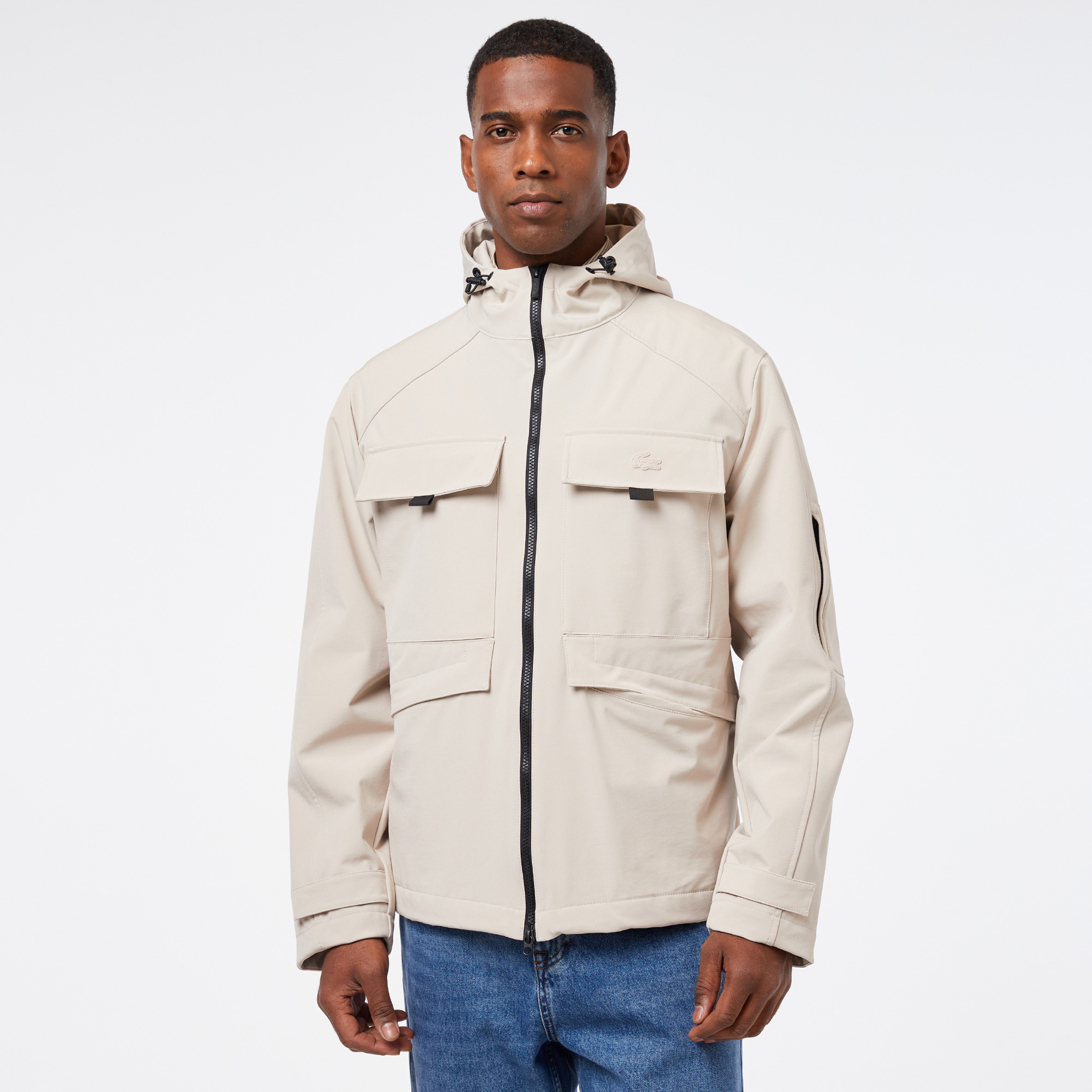 Erkek Relaxed Fit Kapüşonlu Baskılı Krem Yağmurluk