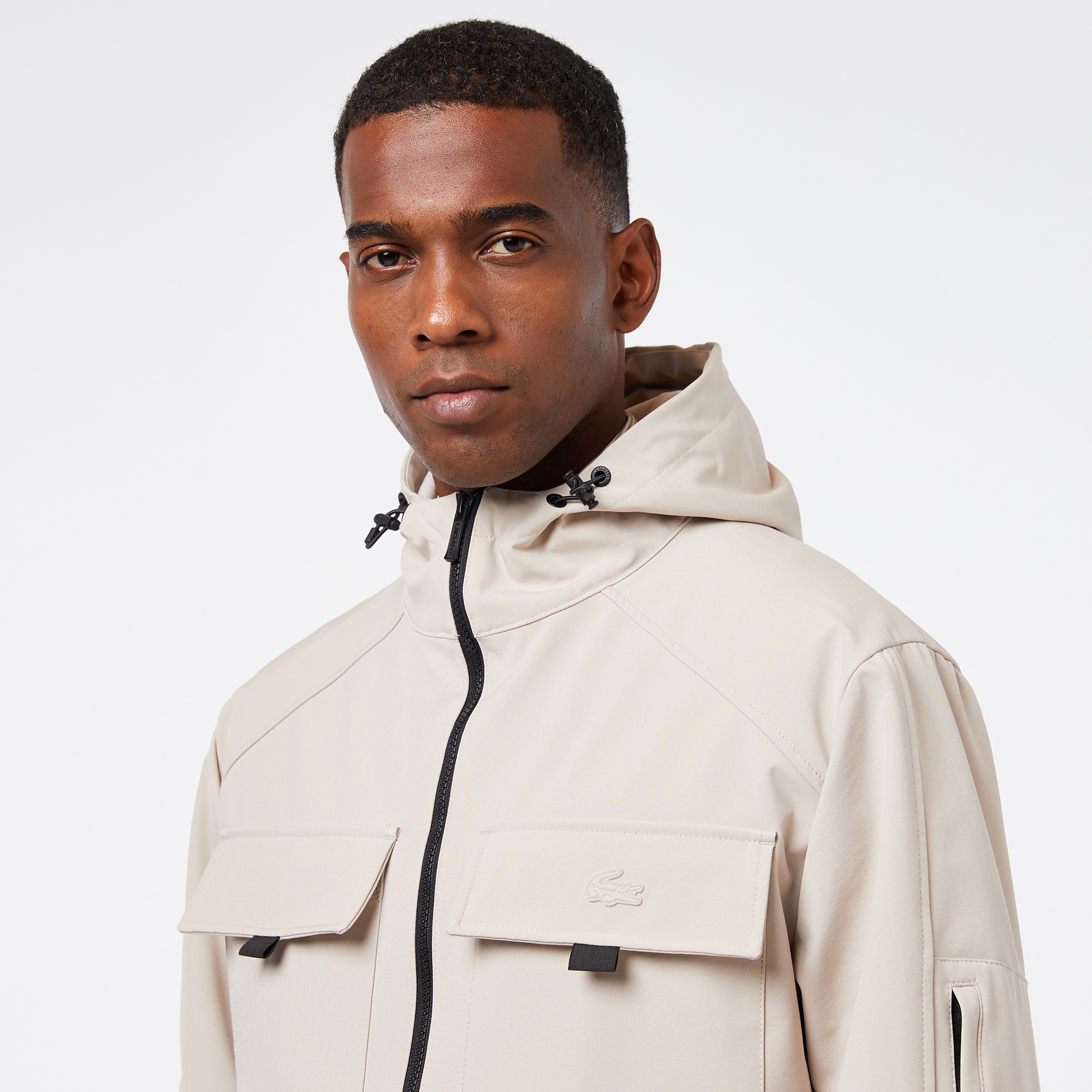 Erkek Relaxed Fit Kapüşonlu Baskılı Krem Yağmurluk