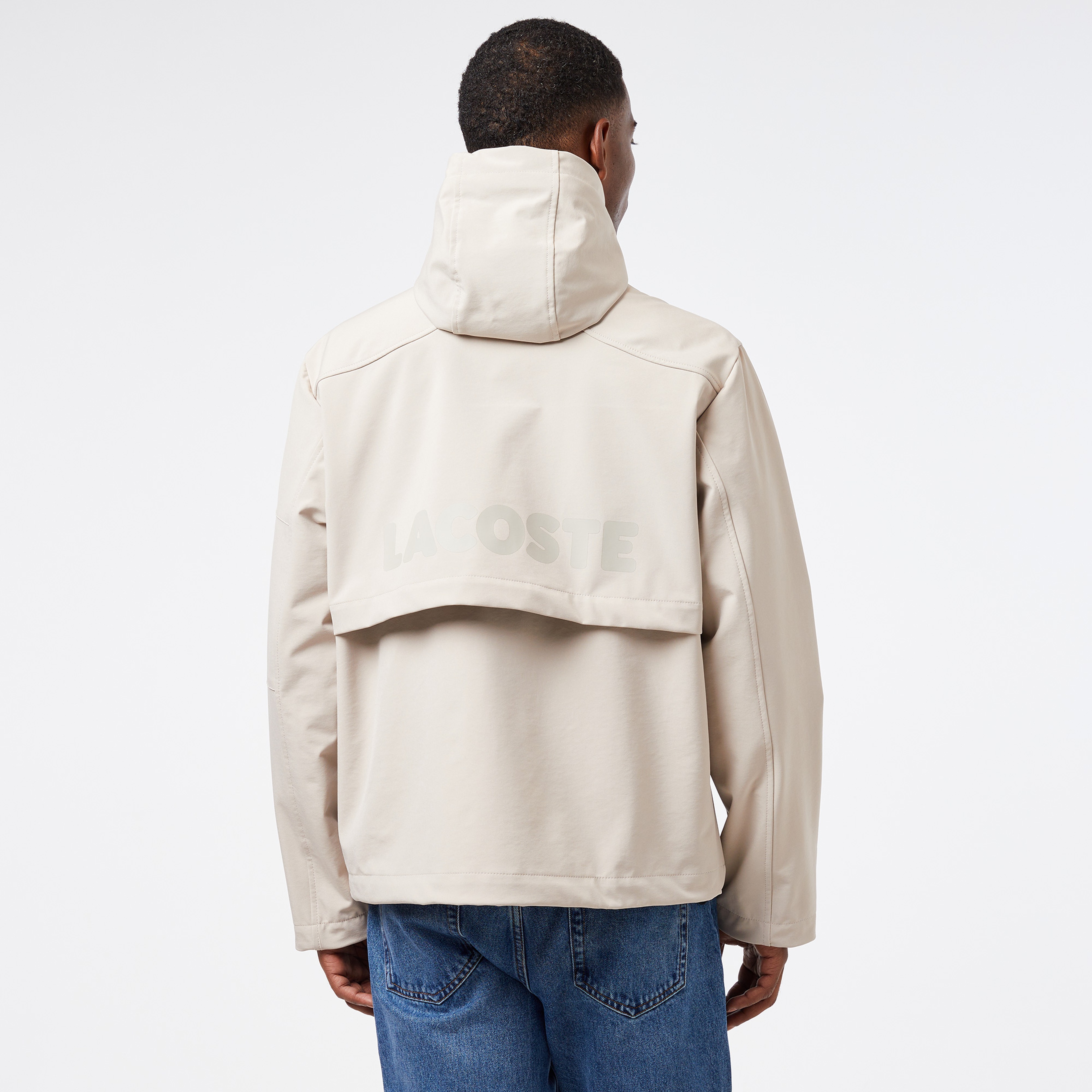 Erkek Relaxed Fit Kapüşonlu Baskılı Krem Yağmurluk