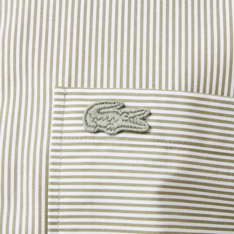 Erkek Relaxed Fit Düğmeli Yaka Çizgili Haki Gömlek