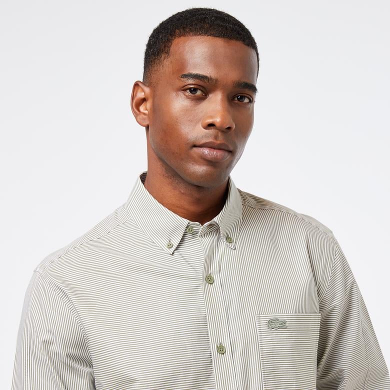 Erkek Relaxed Fit Düğmeli Yaka Çizgili Haki Gömlek