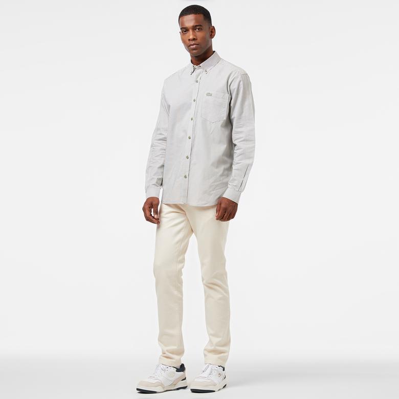 Erkek Relaxed Fit Düğmeli Yaka Çizgili Haki Gömlek